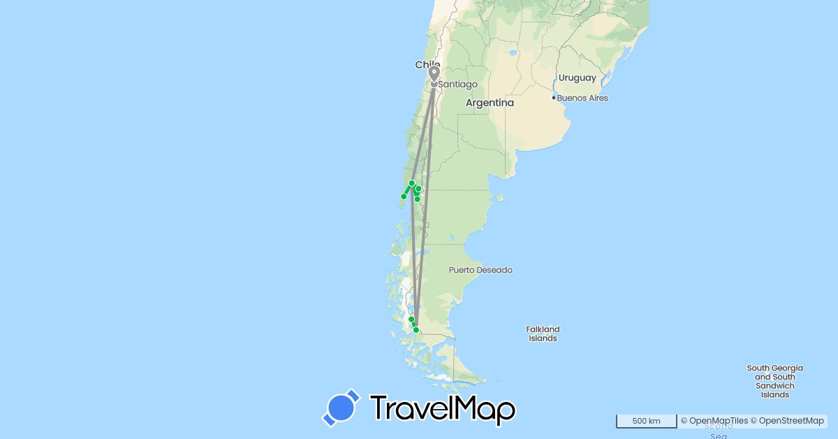 TravelMap itinerary: bus, plane in Chile (South America)
